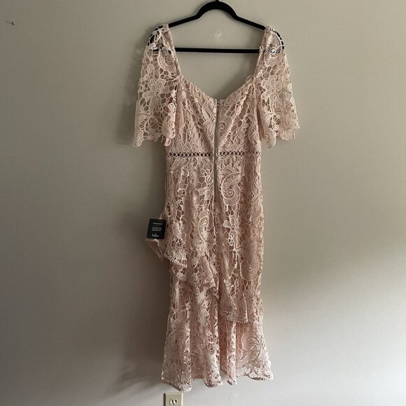 Lulus Women M Briarwood Blush Pink Lace Ruffled Bodycon Midi Dress NWT - Picture 13 of 14